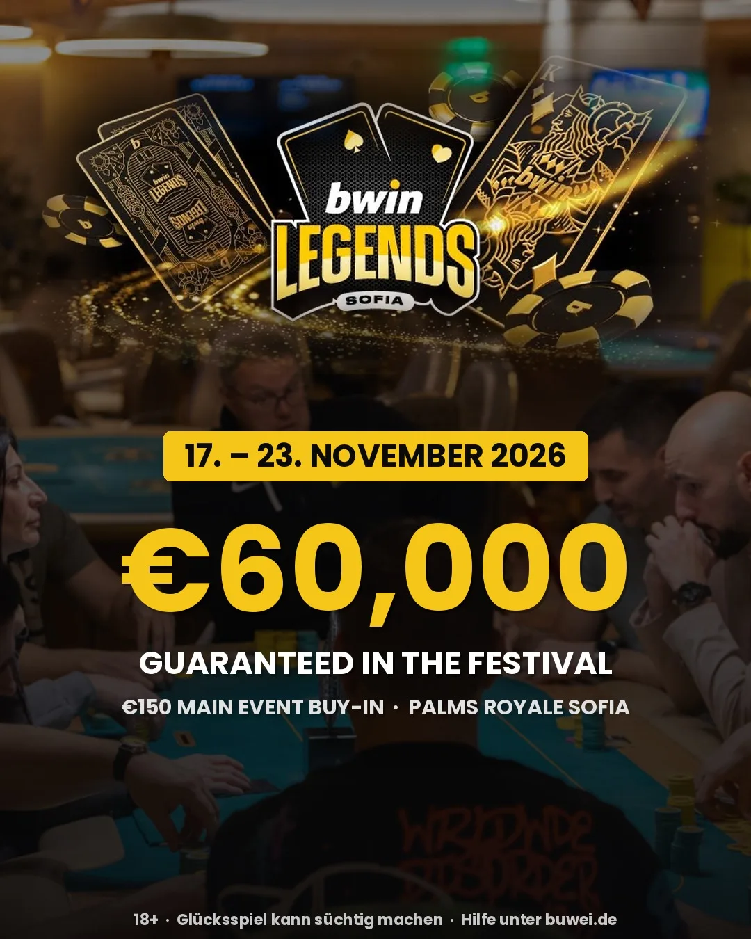 Titelbild im Hochformat der bwin Legends Sofia vom 17. bis 23. November 2026: 60.000 € Festival-Garantie bei 150 € Main-Event-Buy-in