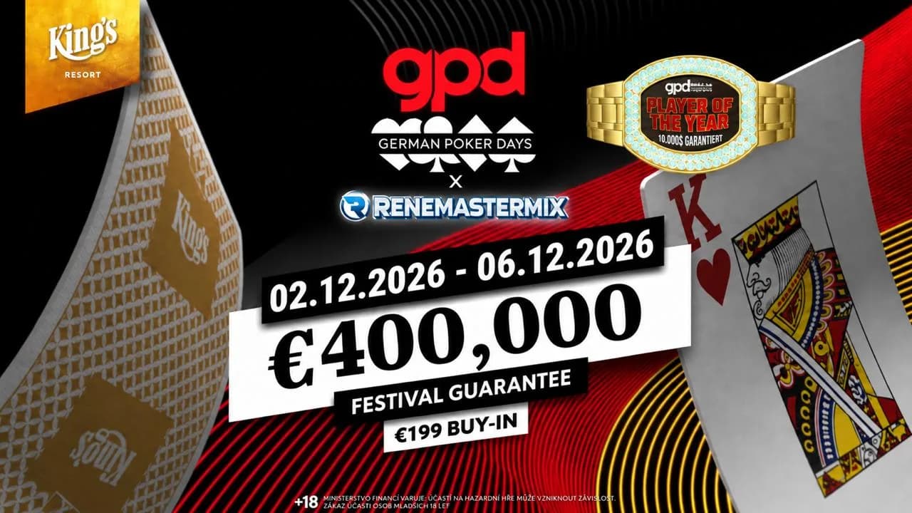 Plakat der German Poker Days mit Renemastermix im King’s Resort vom 2. bis 6. Dezember 2026: 400.000 € Festival-Garantie bei 199 € Buy-in